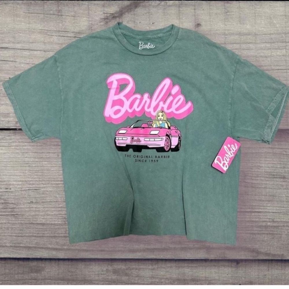 New Barbie Top Shirt Green Pink Graphic Car Logo Lettering Cotton Size S/M/L